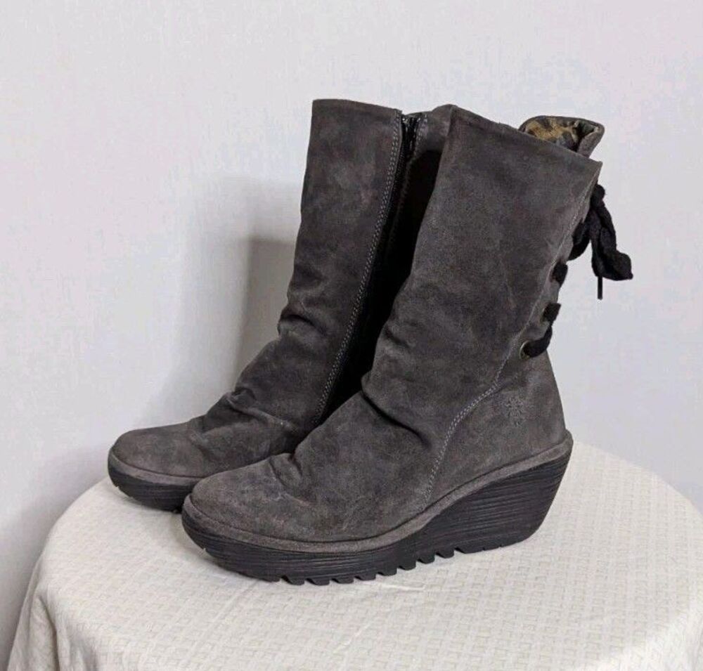 Fly London Yada Size 8 Dark Gray Suede Boots Lace Up Back Wedge Bohemian Combat
